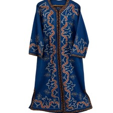 Vintage Moroccan Kaftan Robe Blue Wool Embroidered Maxi Dress Handmade Cosplay
