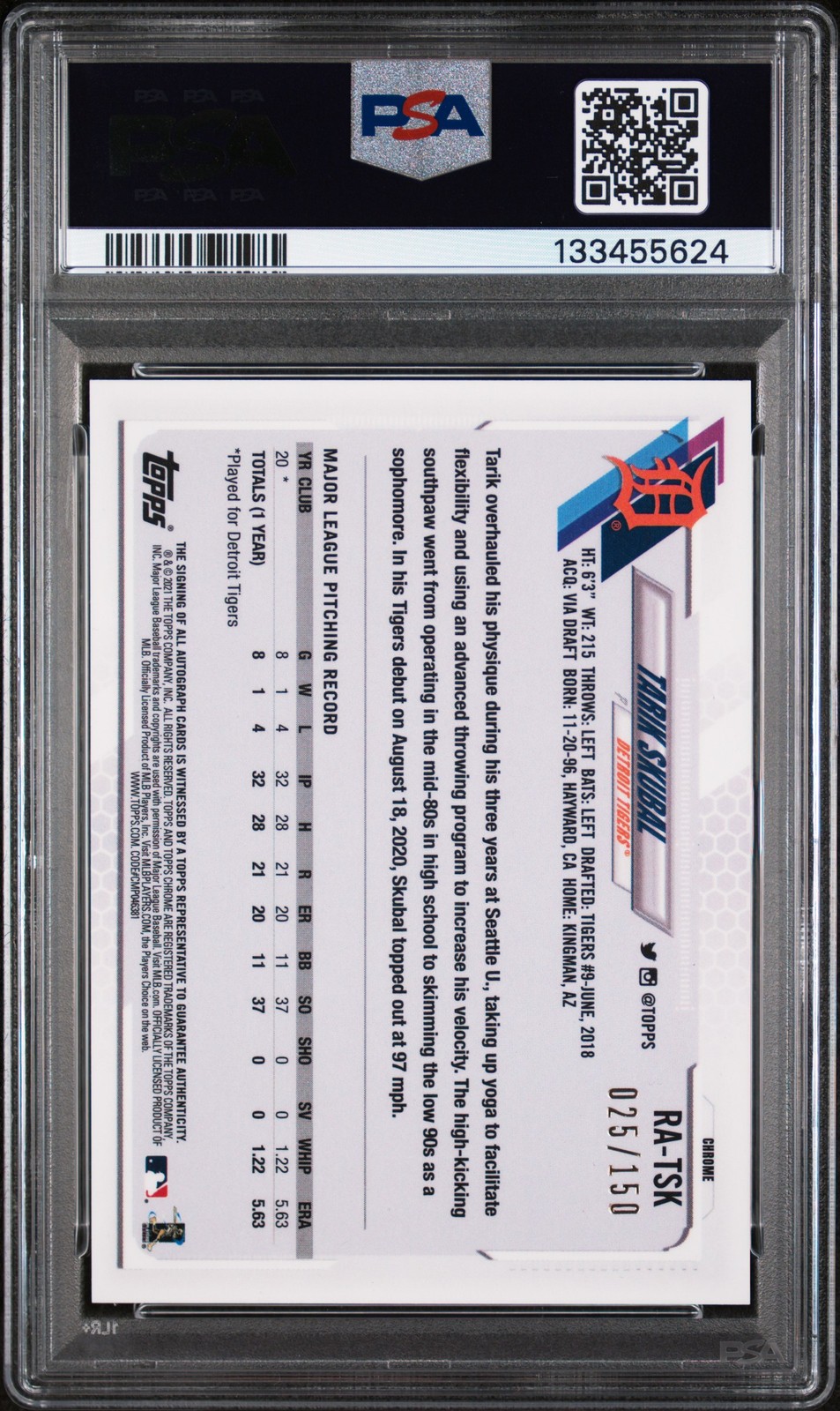 2021 TOPPS CHROME ROOKIE AUTO BLUE REFRACTOR TARIK SKUBAL 25/150 PSA 10 AUTO view 2