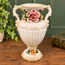 Vintage Mid Century Capodimonte Italian Porcelain Floral Twin Handle Vase 25.5cm