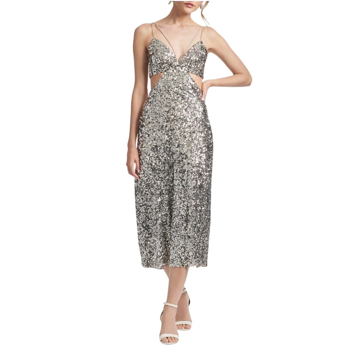 Sachin & Babi Women's Formal Dress Size 14 Silver Sequined Cut Out Midi A-Line Sachin & Babi Women's Formal Dress Size 14 Silver Sequined Cut Out Midi A-Line