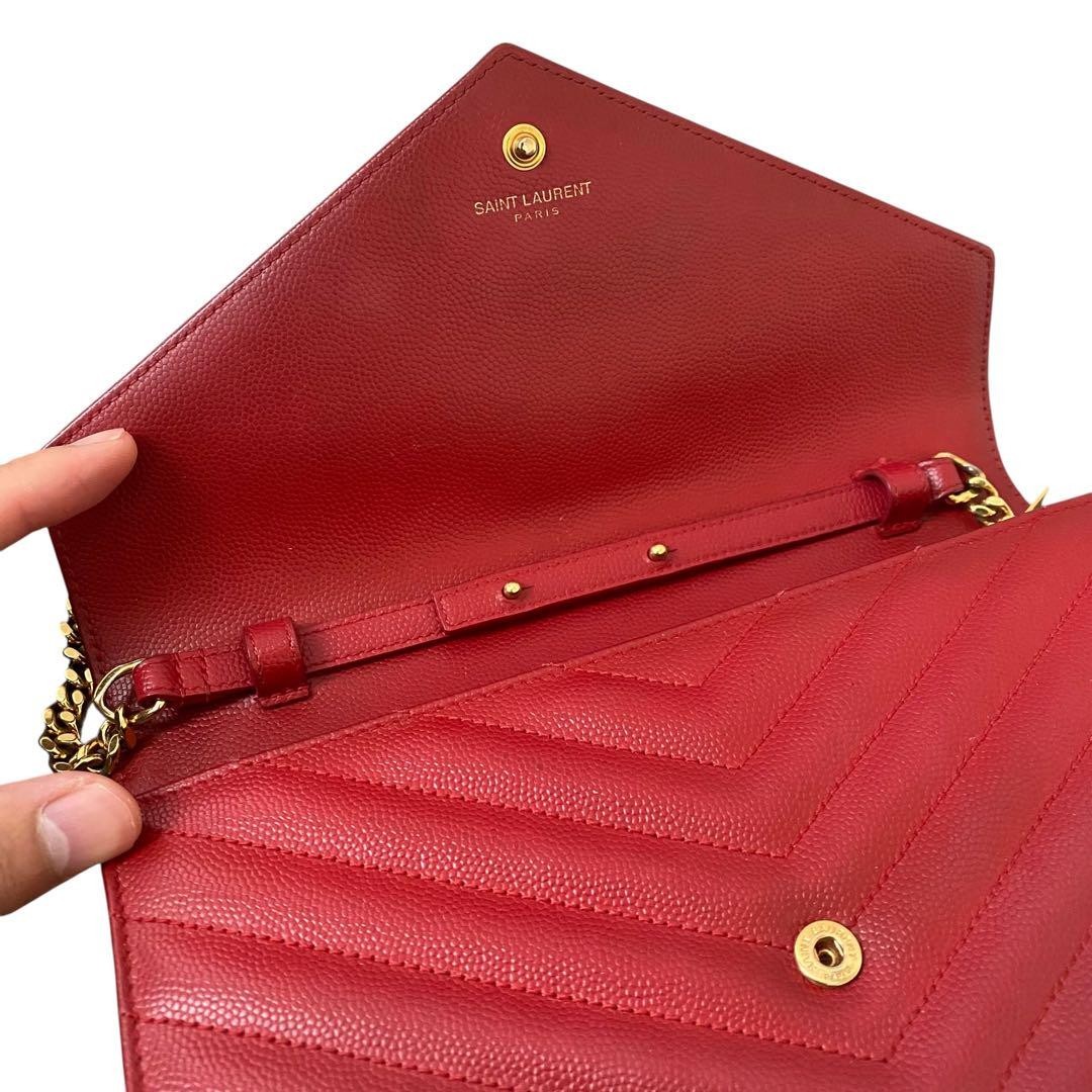 Autentico portafoglio Saint Laurent pelle caviale catena YSL hardware borsa rossa