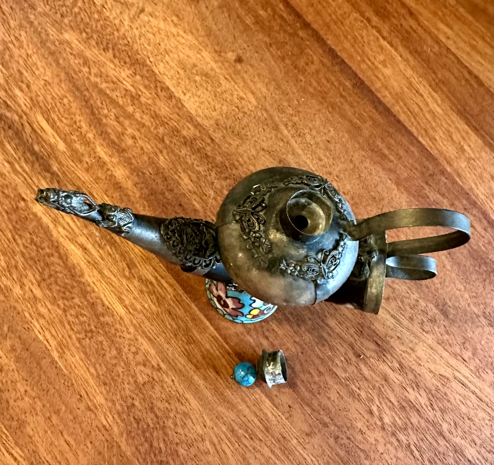 ¡¡Raro!! Antiguo quemador de incienso cuerno de dragón chino plata jade opeeum piep asiático Foto 2 de 4