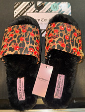 Juicy Couture Women  s Faux Fur Lined Slide Slippers Leopard Cherry Black 7-8