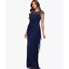 XSCAPE Women Navy Blue Beaded Illusion Neck Ruched Evening Gown Maxi Dress 16