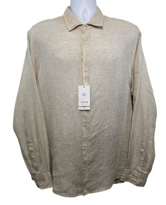 MNG Man Mango Linen Shirt Mens XL Beige Regular Fit Long Sleeve Button Up Eco