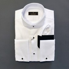 Men's Premium White Wing Collar Dress Shirt French Cuff Formal Wedding Shirt