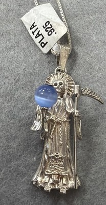 Sterling Silver 3D Santa Muerte Grim Reaper Pendant  .925 w/18  Chain