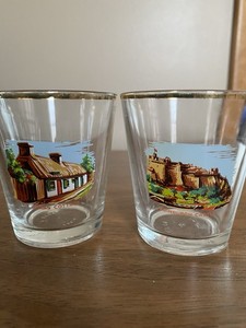 Edinburgh Castle - Burns Cottage 3” Souvenir Glasses Gold Rim