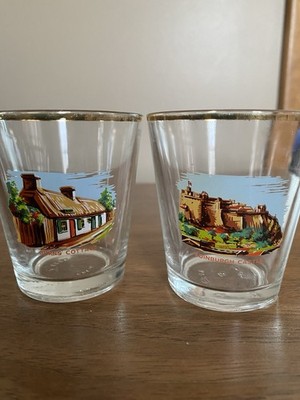 Edinburgh Castle - Burns Cottage 3  Souvenir Glasses Gold Rim