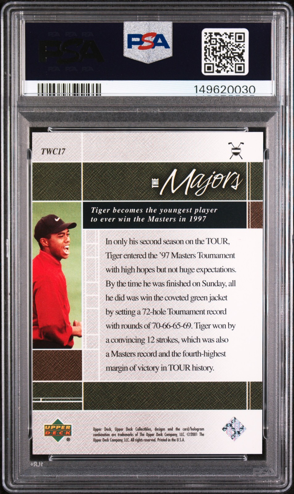 2001 UPPER DECK TIGER WOODS COLLECTION #TWC17 TIGER WOODS ROOKIE RC PSA 9 view 2