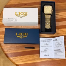 Lige Mens Gold Tone Square Stainless Steel Wa...