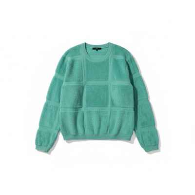 Tibi L Teal Green Crew Neck Pullover Fuzzy Sweater Check Preppy Casual 