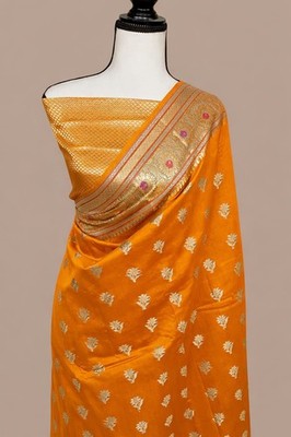 Banarasi Mango Silk Saree Premium Zari Buta Weaving Design I Running Blouse