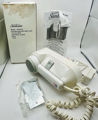 Sunbeam Wall Mounted Hair Dryer 1626-045 White Blow Dryer W/ Nightlight Hotel