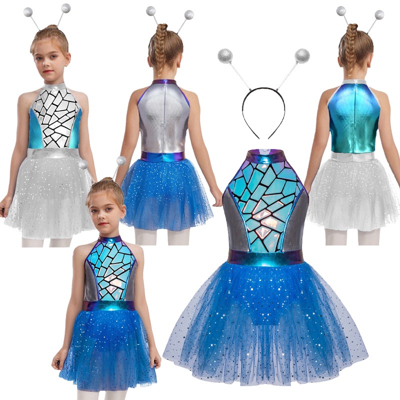 Kids Girls Outfits Sets Costume Sequins Tutu Dress Built-In Crotch 2Pcs  Halter