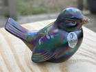 Fenton Blue Iridescent Carnival Glass Bird 4" Floral Hand Painted by J.A.Green