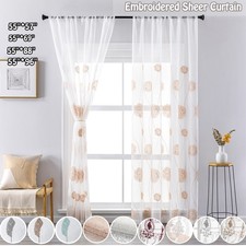 Pair Voile Curtain Embroidered Sheer Curtains Eyelet Valances Drapes Living Room