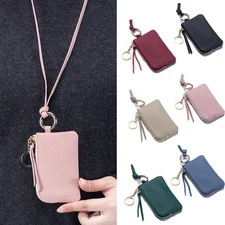 Genuine Leather Womens Coin Purse Change ID Holder Key Chain Wallet with Lanyard
