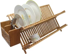 Bamboo Scissor Style Folding Dish Rack W/Flatware Holder Set.