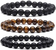 3 Pcs Tiger Eye Matte Onyx Lava Stone Beads Bracelets for Men Women Yoga Bangle