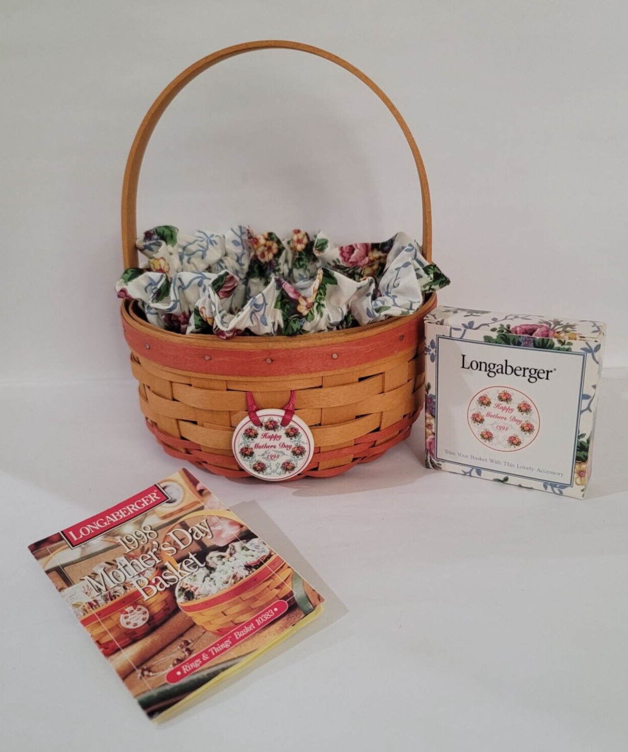 Longaberger 1998 RINGS & THINGS Mother's Day Basket, Protector, Tie-On & Pouch