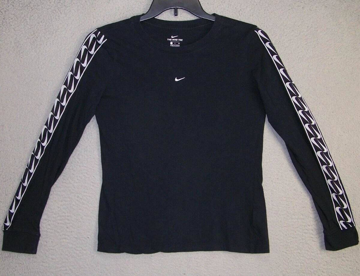 NIKE Shirt Adult Small Black Swoosh Logo Striped Long Sleeve Athletic Sport Mens