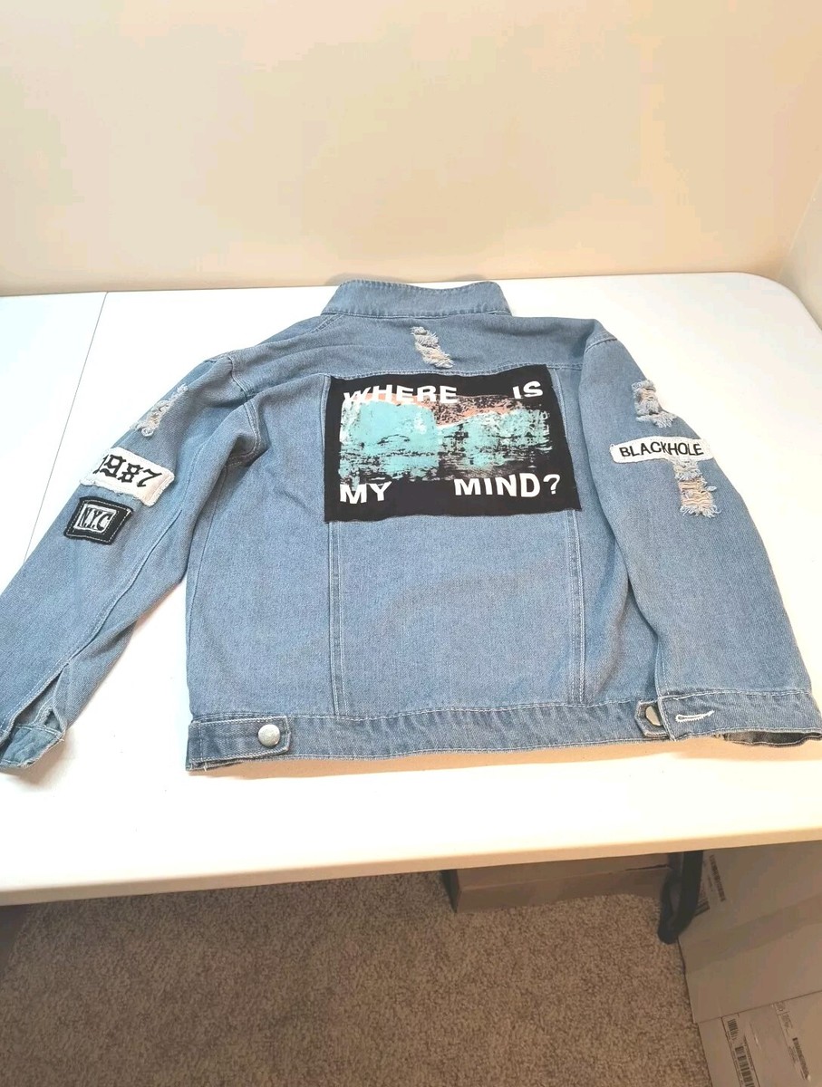 Jacket Denim Womens Medium Goth Patches Distressed Unique CLEAN