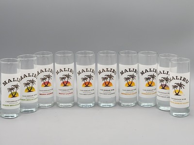 Malibu Rum 2oz Shot Glasses Lot of 10 Coconut Mango Pineapple Passion Fruit Etc.