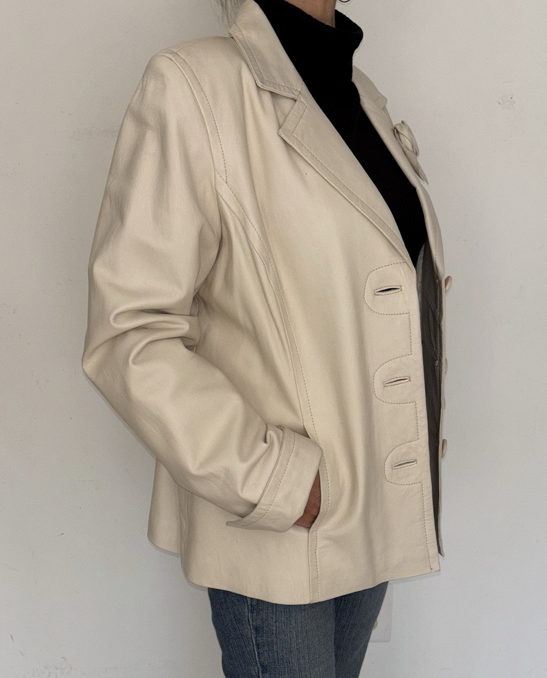 Jones New York Leather Off White Womens Jacket Coat L LX 1990s Rose Accent image 5