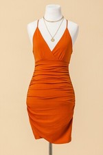 V Neck Ruched Bodycon Mini Dress