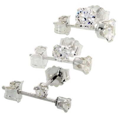925 Sterling Silver 3 Set Round Stud Earrings Aretes de Plata 10 25 50 Ct.