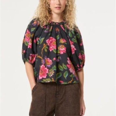 NWOT Rhode Black Rowan Cotton Puff Sleeve Blouse in Ink Fluer Sz Small S