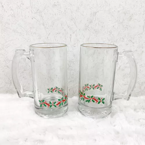 VTG Libbey Holly Berry 2 Beer Mugs Steins Tall Heavy Gold Trim Christmas Holiday