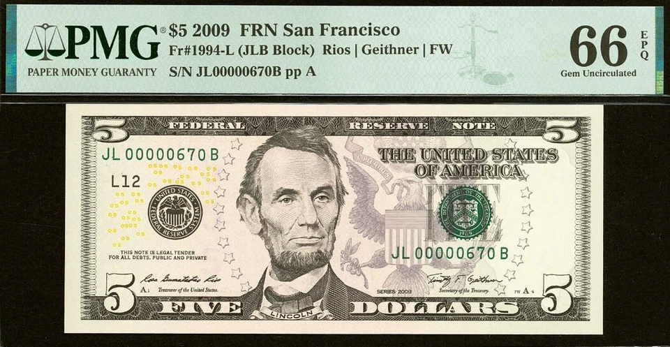 2009 $5 Federal Reserve Note PMG Gem 66EPQ - Birthday Low Serial Number 00000670 - Image 2 of 3