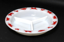 Vintage Hazel Atlas Child's Divided Dish Red Farm Animals Milk Glass Bowl