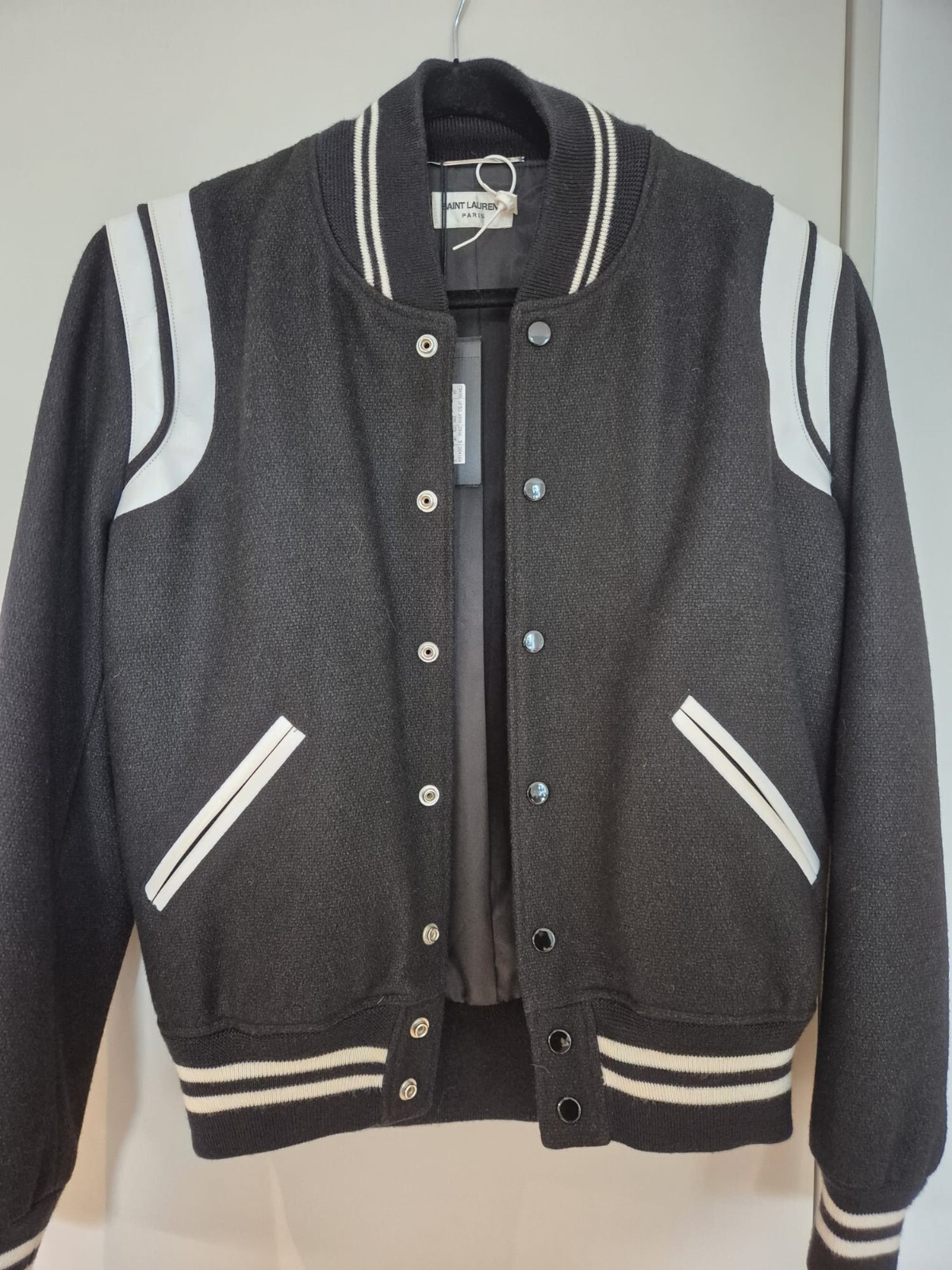 SAINT LAURENT YSL Teddy Bomber Jacket Lana Nera Pelle Bianca (Taglia 48) Ottime condizioni