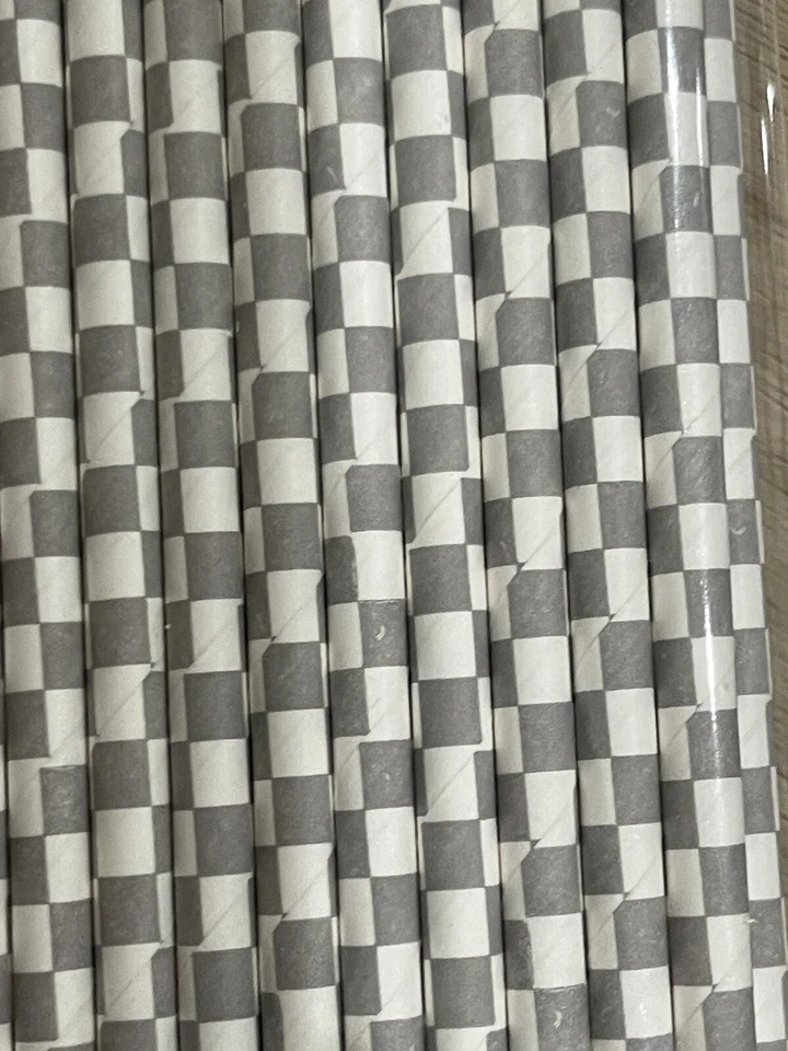 Lot Of 150 Paper Straws Pink/grey With White Check Foto 3 de 3