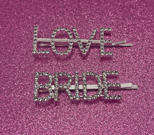 2 X Rhinestone Diamante wedding Bride + Love Hair Slides Hairpin hairclips