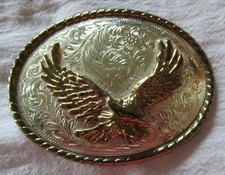 VTG 1980's WESTERN FLYING EAGLE BELT BUCKLE LG COWBOY SCROLL ROPE W U.S.A.