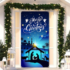 Nativity Scene Christmas Door Cover for Front Door - Fabric Jesus Holy Night