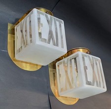 Pair Vintage Art Deco Brass Exit Glass Wall Fixture Sconces Ship Light Lamp Pair Vintage Art Deco Brass Exit Glass Wall Fixture Sconces Ship Light Lamp
