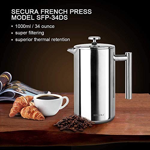 Secura French Press Coffee Maker, 304 Grade Stainless Steel Insulated Coffee