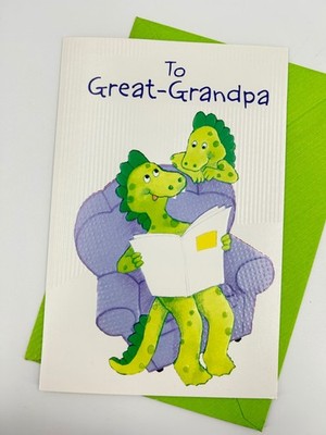 Vintage Carlton Cards Great-Grandpa Birthday Card Dinosaur Reading Armchair
