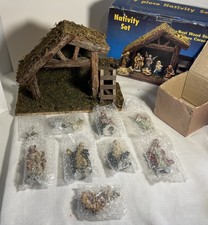 Vintage Nativity Set 9 Piece Ceramic Real Wood Stable Looks New