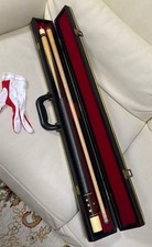 Decorated Wooden Billiard Cue Set with Gloves, Black Case, Used 22q