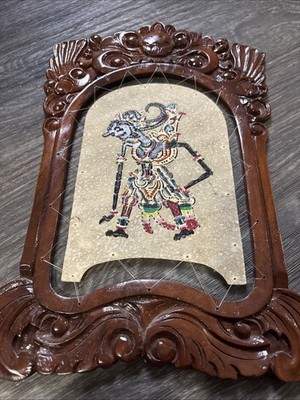Wayang Kulit Shadow Puppet Print in a carved Balinese/Javanese hardwood frame