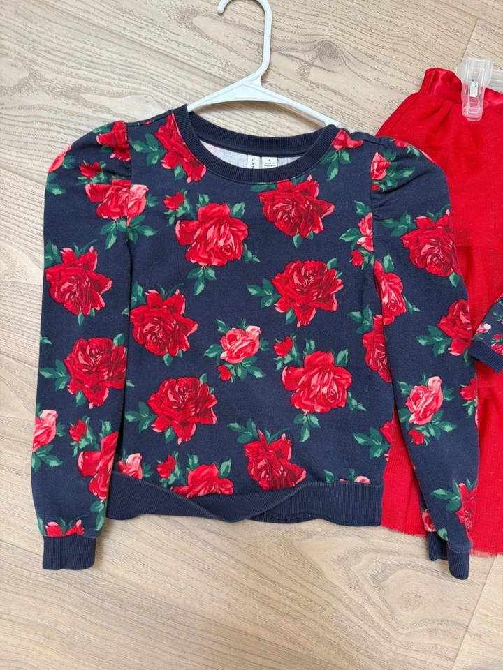 Janie & Jack Wrapped In Roses Girls Navy Sweatshirt & Red Tulle Skirt Size 8 - Image 2 of 4