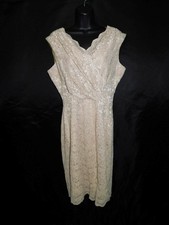 Tahari Size 12 Beige Gold Sparkle Lace Dress Sleeveless Empire Midi V Neck Party