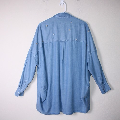 Blusa Mujer ZARA Azul Cambray con Perlas Manga Larga Talla Mediana Grande - Imagen 4 de 10