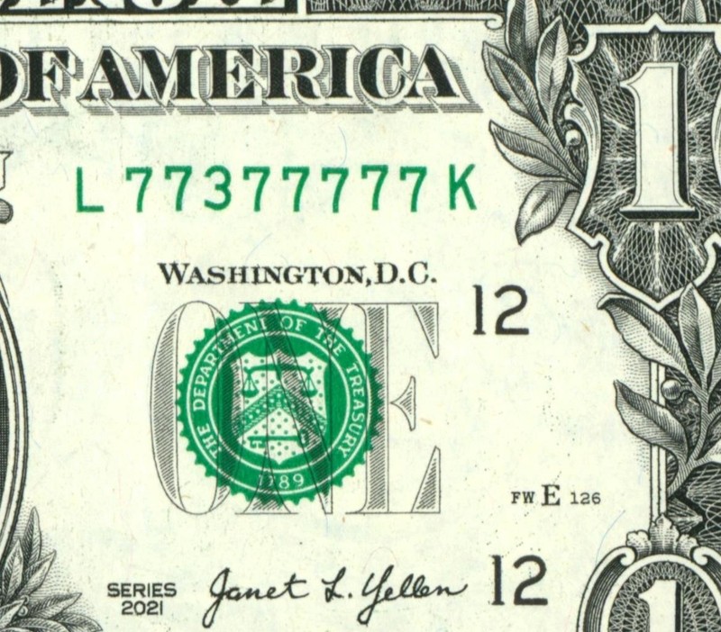 ((NEAR SOLID - 7 OF A KIND)) $1 2021 ((VF+/ XF)) ((77377777)) FANCY SERIAL #